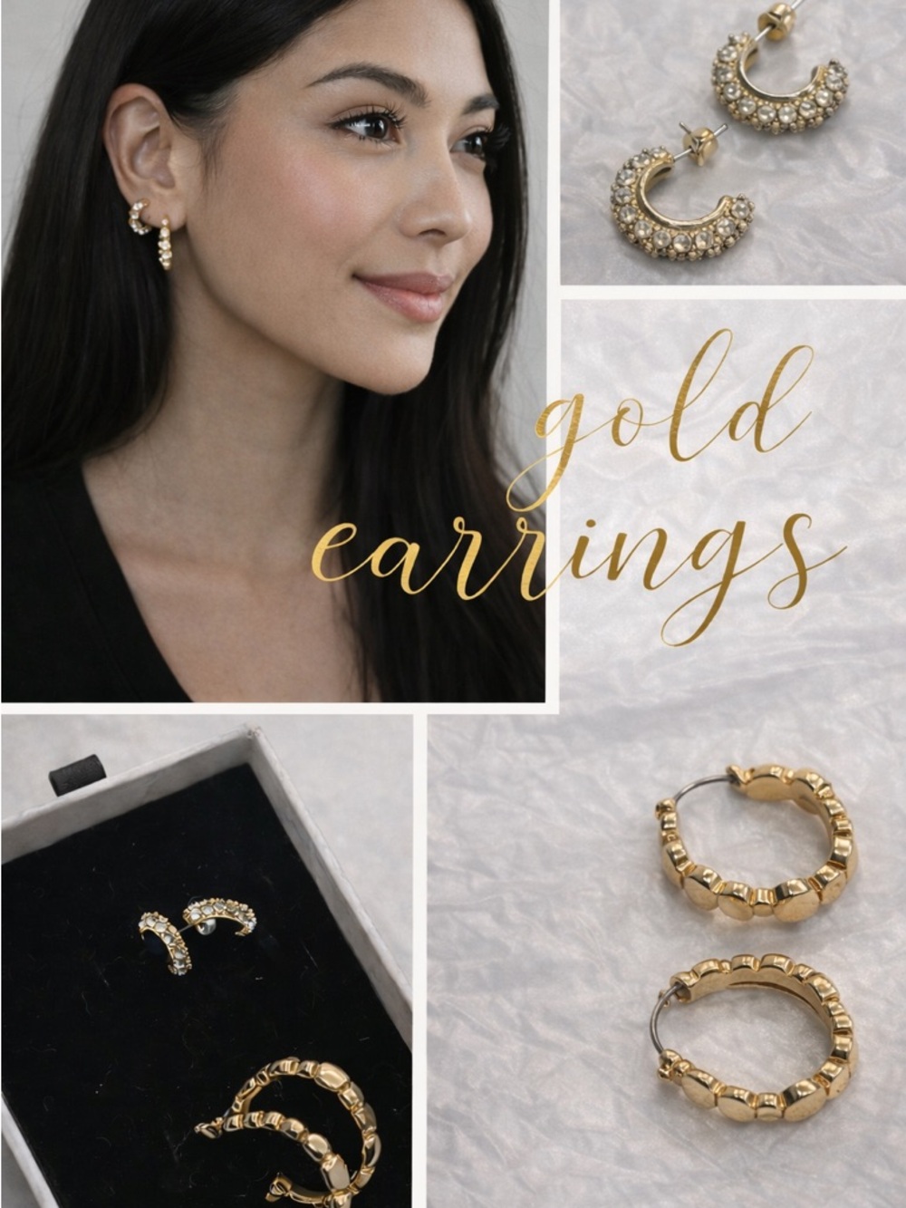 Gold Hoop Earring Set | Textured Beaded Hoops + Crystal Pavé Mini Hoops - Picture 2 of 7
